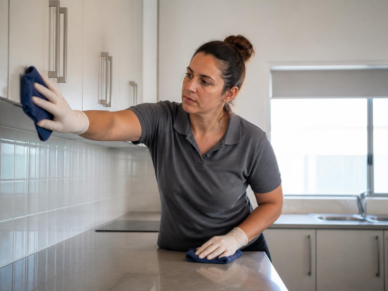 Cleaner wiping kitchen cupboards and benchtops in an empty Adelaide rental